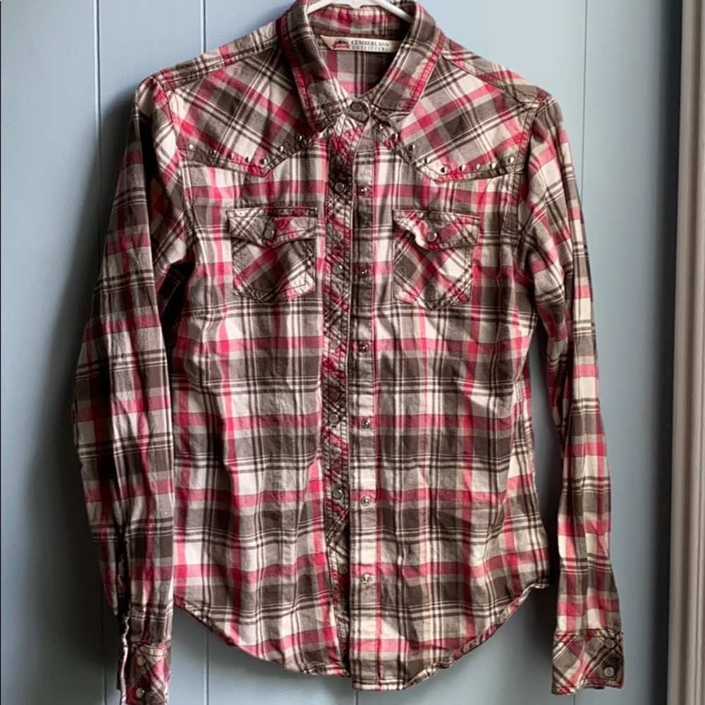 Pink and brown button short shirt with pearl snaps